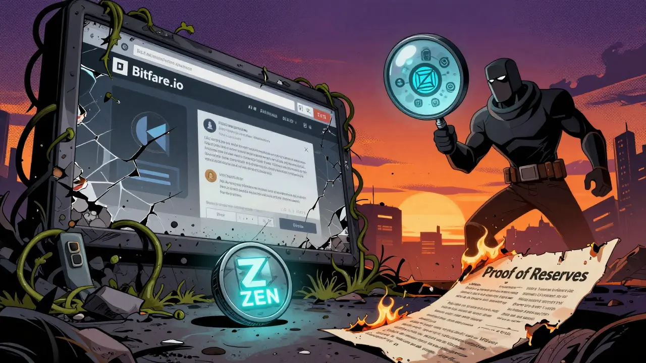 An abandoned exchange sign decays as a ZEN token lies beside burning documents under a heroic magnifying glass.