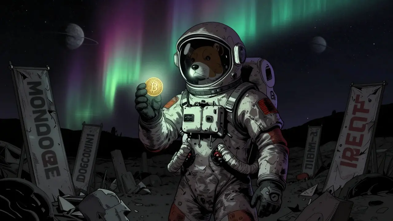 An astronaut holds a faintly glowing EDOGE token in a graveyard of dead crypto banners under a fading aurora.