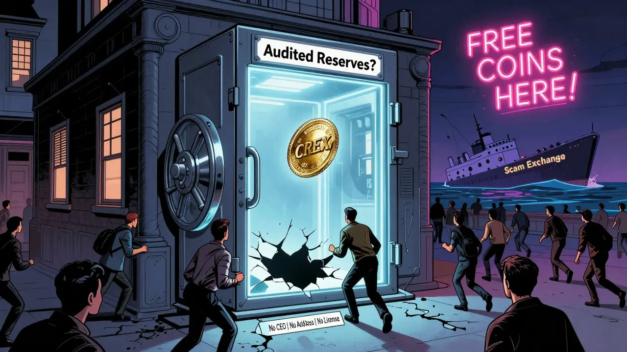 An empty vault labeled 'Audited Reserves?' as traders flee a sinking exchange marked by missing leadership.