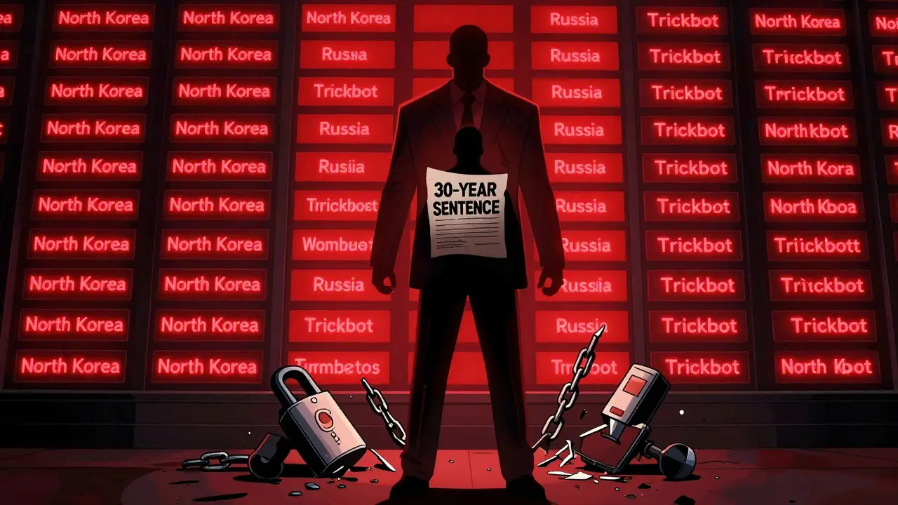 An individual facing a wall of sanctioned crypto addresses with a 30-year sentence scroll.