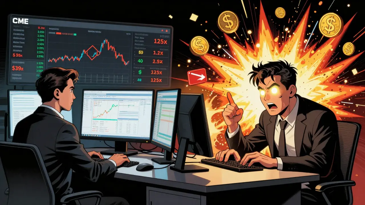 Contrasting trading scenes: calm institutional trader vs. retail trader engulfed in a liquidation explosion with high leverage multipliers.