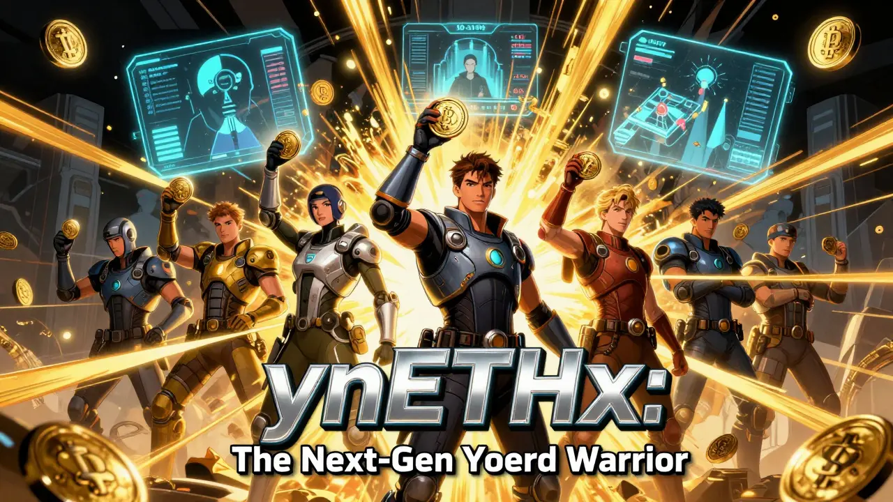 Crypto heroes celebrating ynETHx yield explosion inside a futuristic DeFi vault.