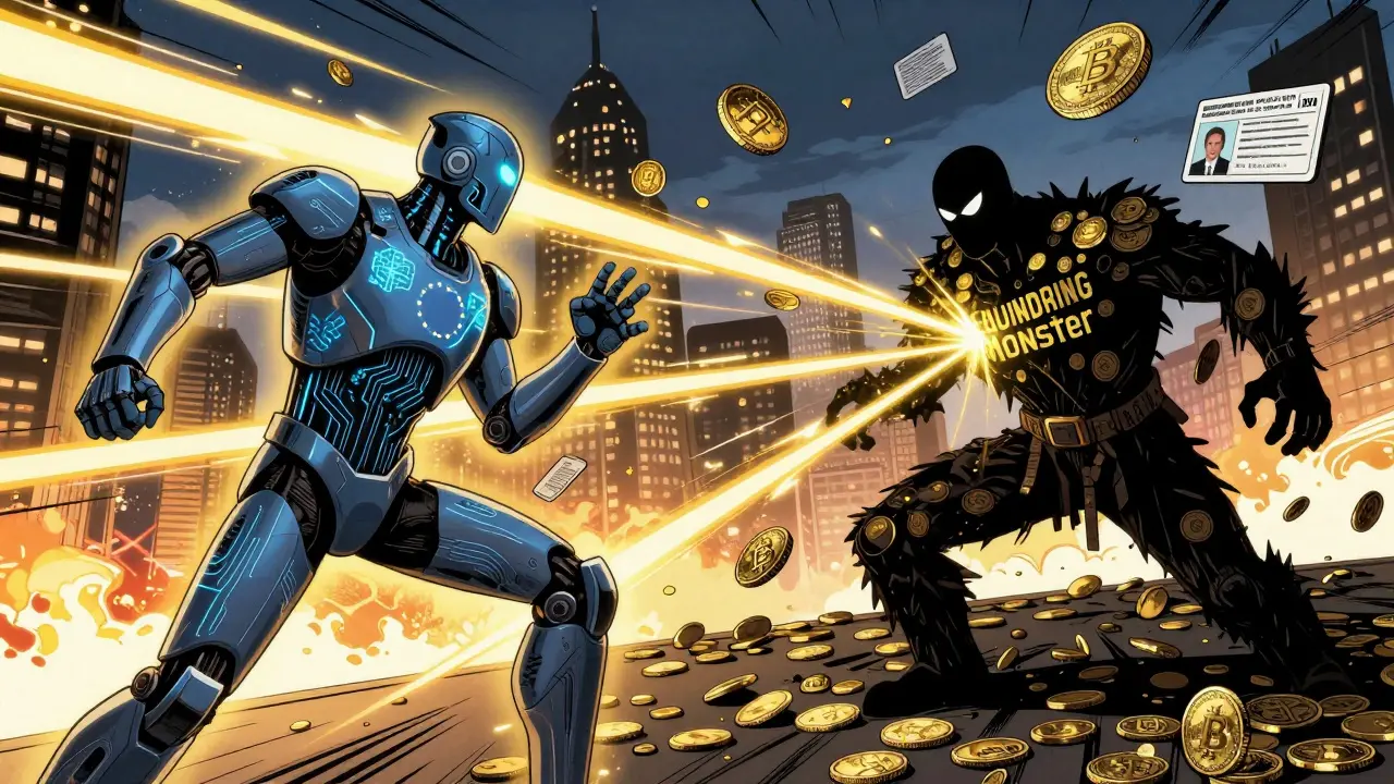 Digital guardian robot fights a money laundering monster with Travel Rule energy streams across global exchanges.