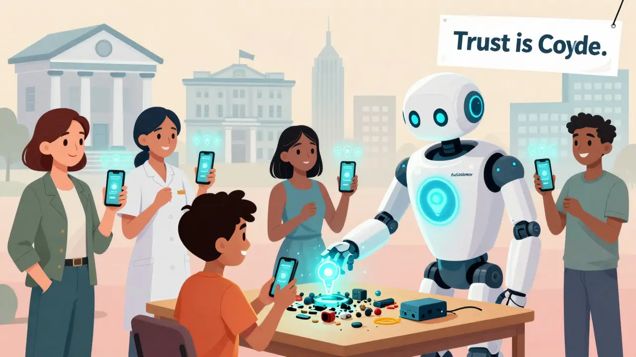 Everyday people use smartphones to activate holographic validators, while a friendly robot places a node on a child's desk.