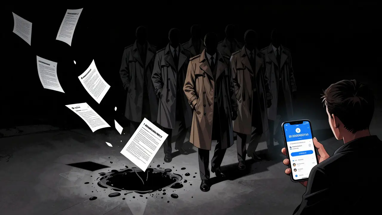 Faceless team disappearing into digital void, leaving behind abandoned token contracts