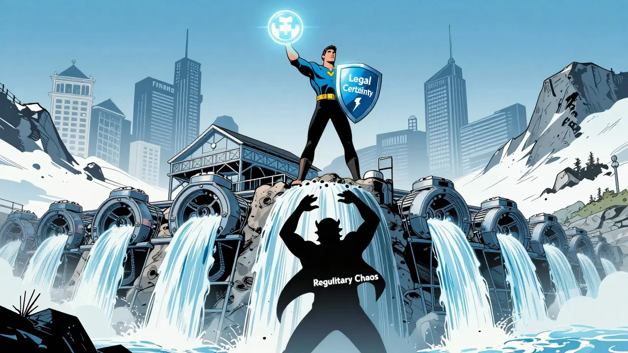 Heroic figure atop Swiss alpine mining facility powered by waterfalls, shield labeled 'Legal Certainty' against crumbling chaos below.