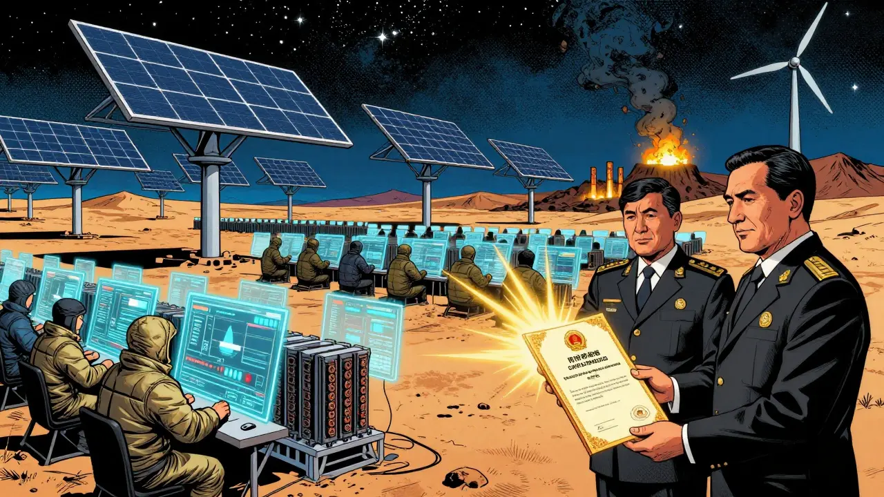 Kazakhstan mining farm under starry sky powered by solar panels and wind turbines, miners monitoring holograms with government officials.