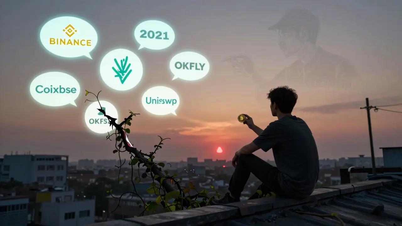 One person holding a single OKFLY token as exchange logos crumble in the distance