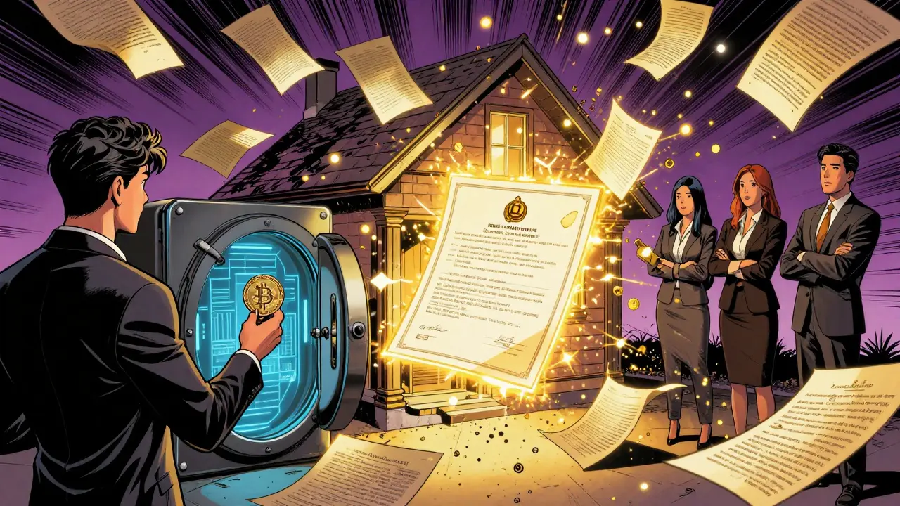 Smart contract instantly transfers house deed as paperwork vanishes.