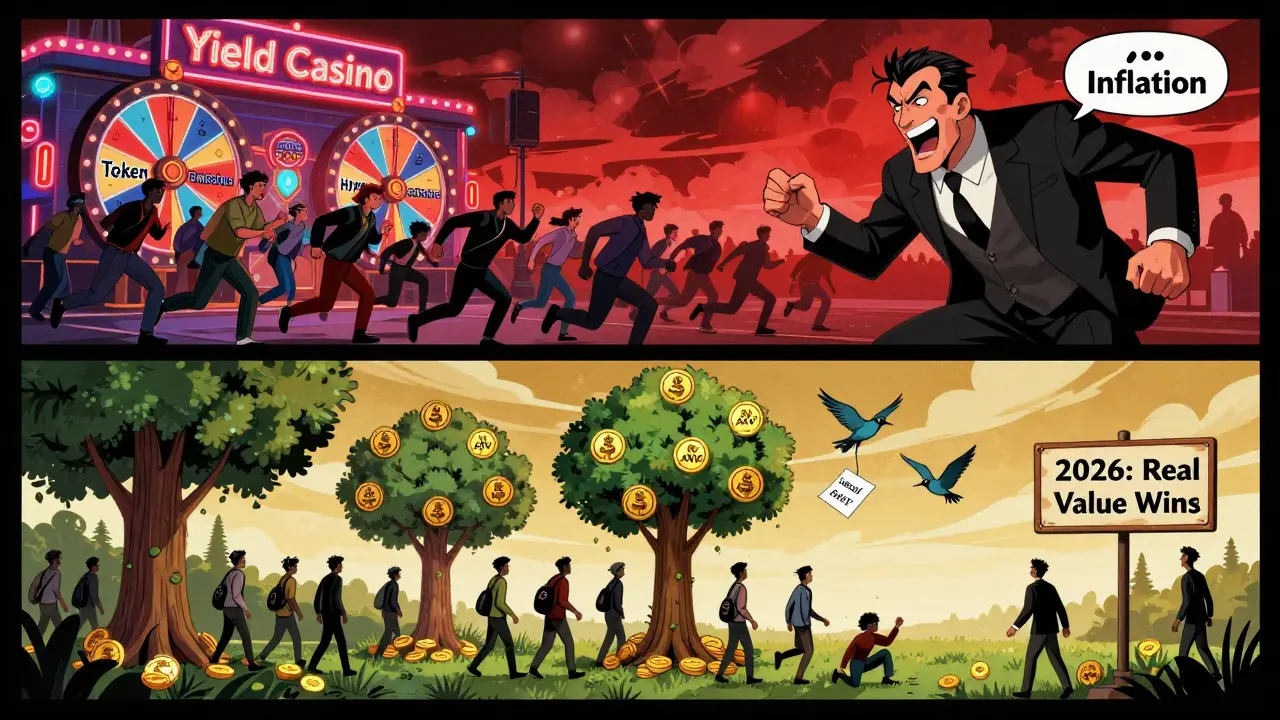 Split-panel comic: chaotic yield casino vs. calm digital forest where sustainable farming thrives under audits and treasury support.