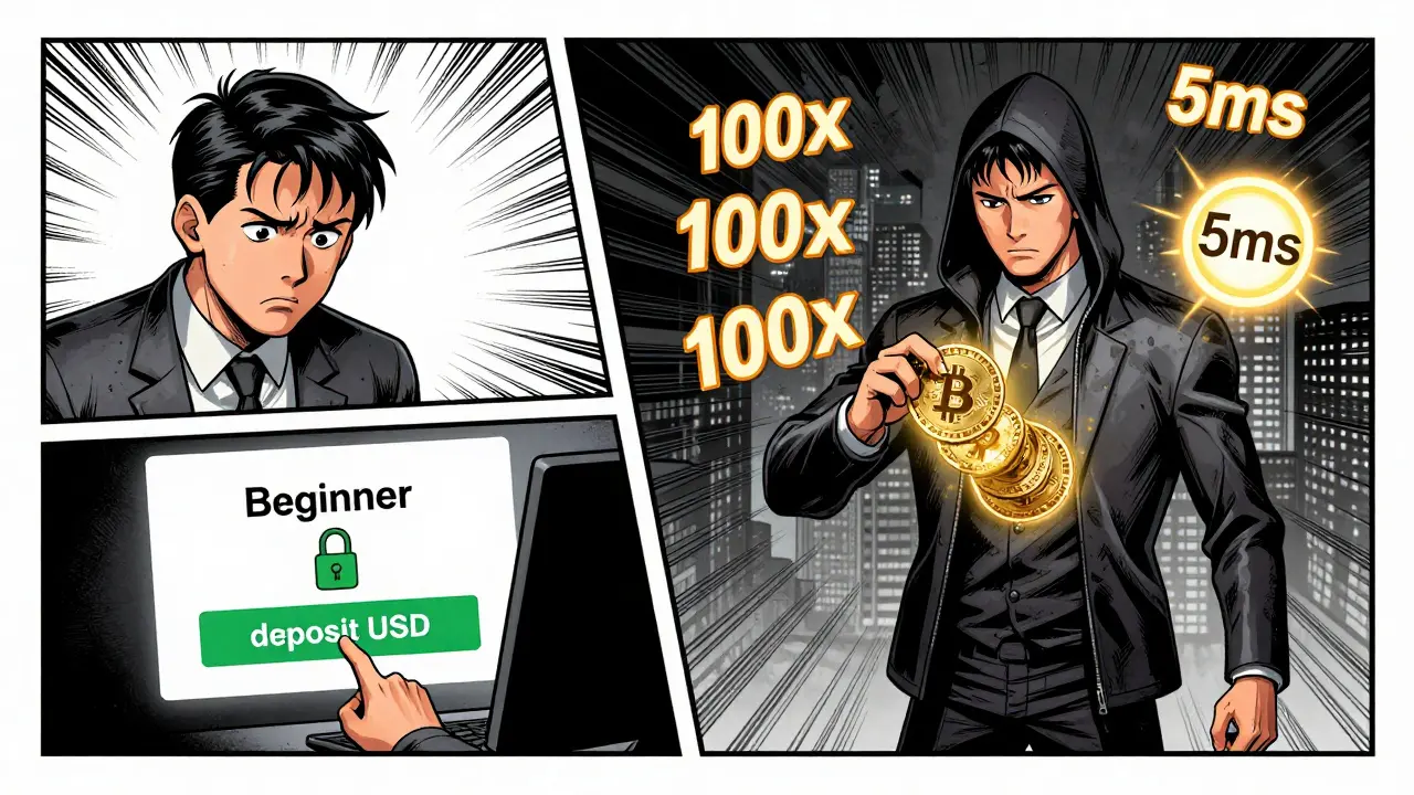 Split scene: a nervous beginner on a regulated exchange vs. a confident pro depositing Bitcoin into KCEX with speed and privacy power-ups.