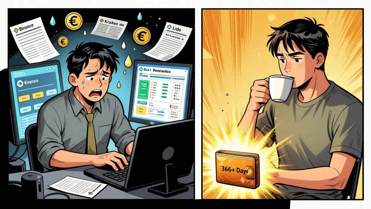 Split scene: chaotic trader vs calm investor with long-term crypto wallet glowing