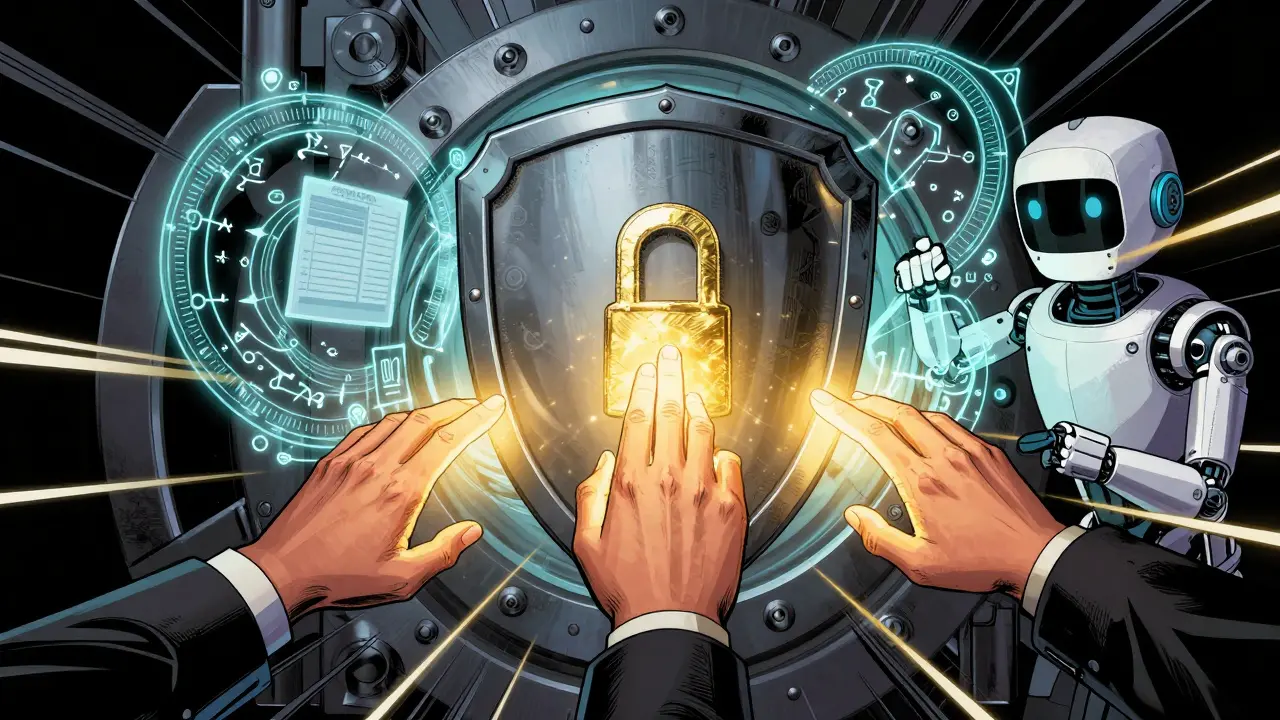 Three hands activate a secure blockchain vault with glowing zero-knowledge proofs.