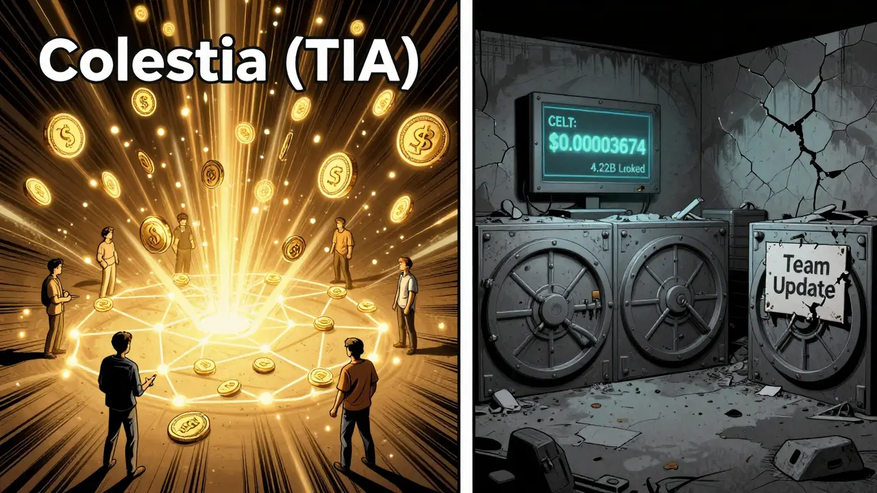 Two contrasting worlds: vibrant Celestia airdrop vs. dead CELT exchange in comic panel style.