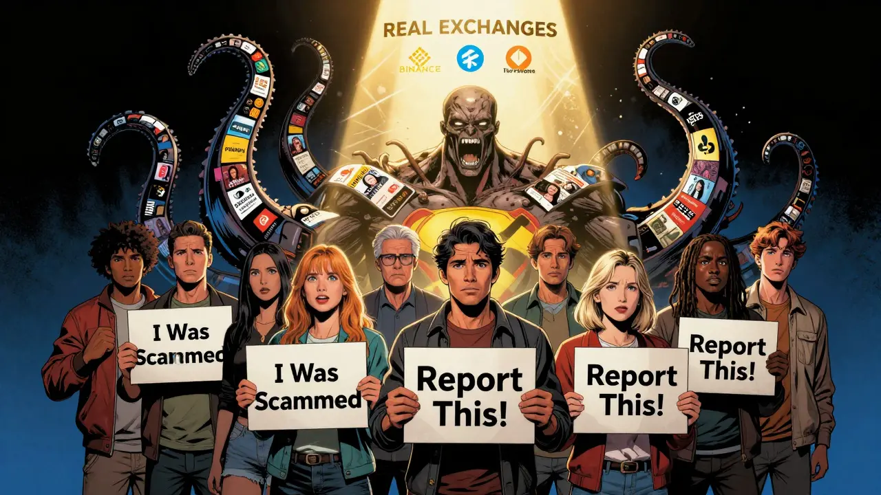 Victims unite against a monstrous scam logo while real exchanges shine above them in heroic formation.