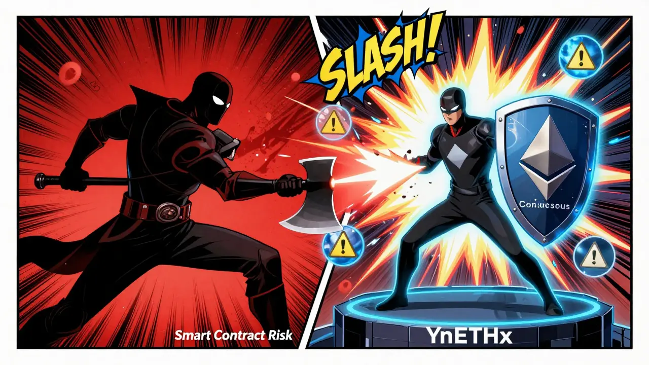 ynETHx hero fighting 'Smart Contract Risk' villain on Ethereum Layer 1 platform.