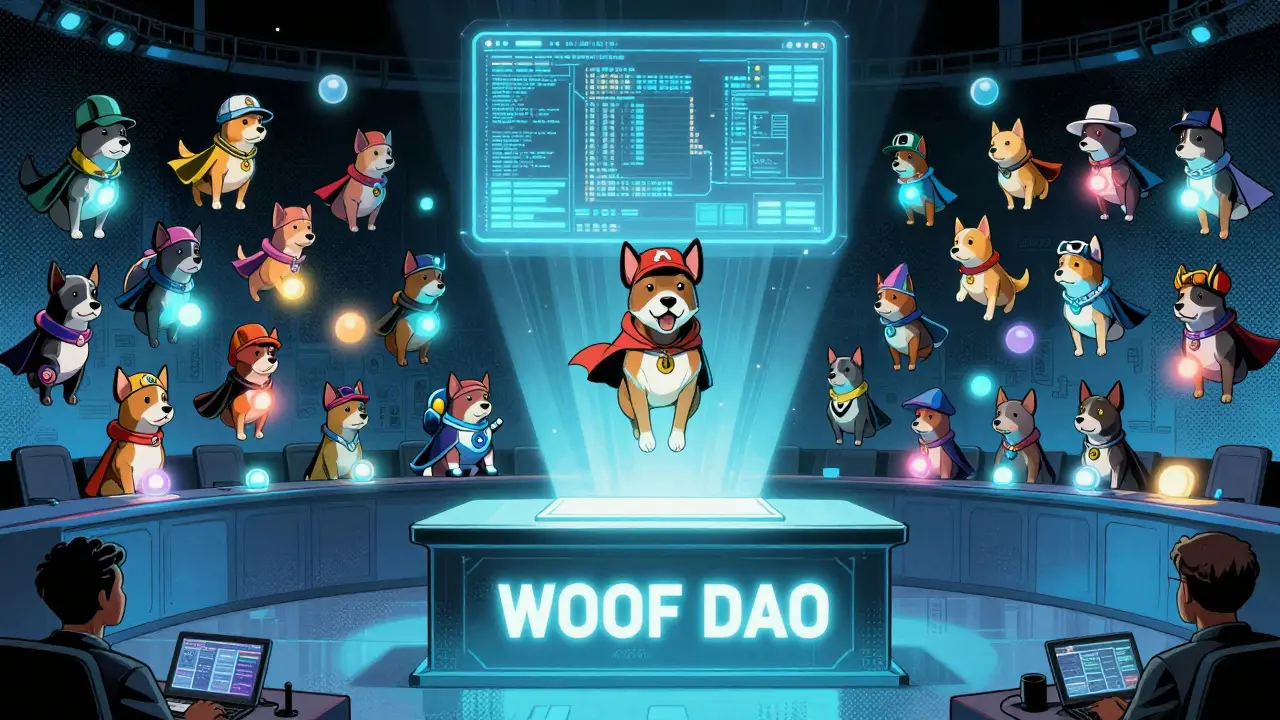 5,000 unique NFT dogs float as voting orbs in a glowing DAO chamber with a massive digital ballot above.