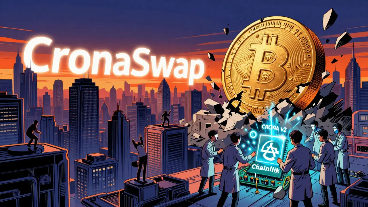 A collapsing CRONA token looms over a crypto-token city as developers install CRONA v2 with bridge icons.
