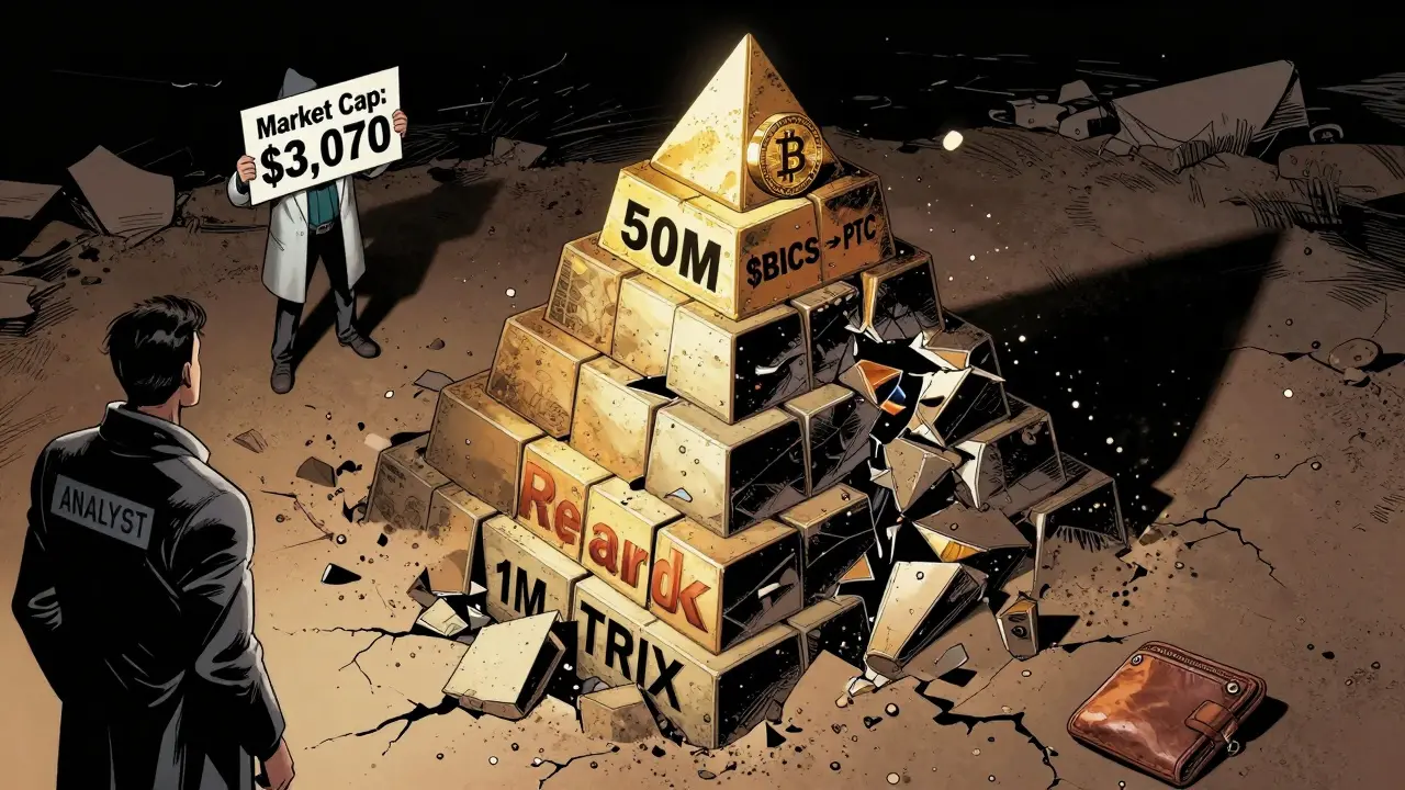 A collapsing reward pyramid labeled with TRIX and $BICS thresholds, with a discarded wallet and market cap sign in the ruins.