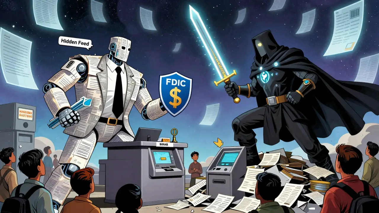 A DeFi warrior battles a bank titan, symbolizing control versus bureaucracy in modern finance.