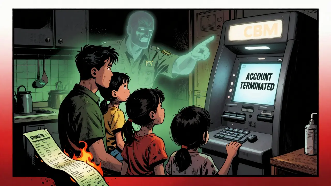 A family stares at a frozen ATM, with a ghostly bank officer pointing, in dramatic comic book art.