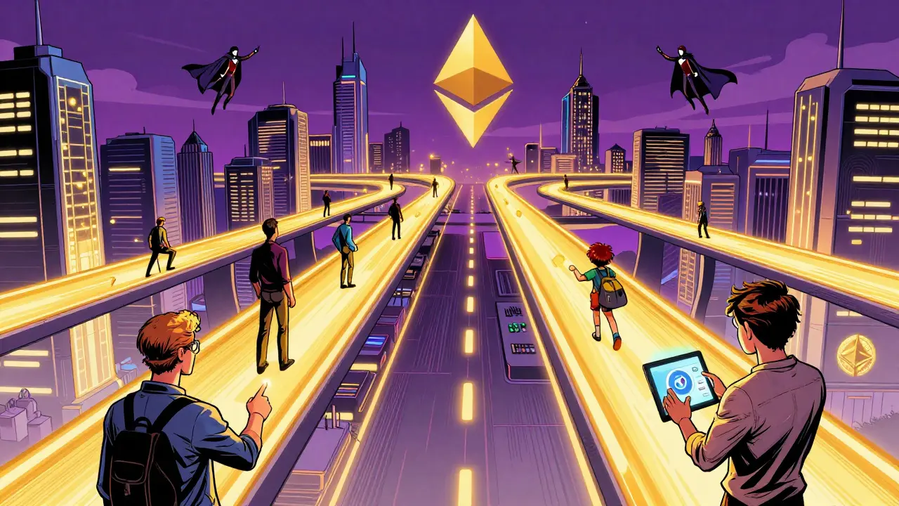 A futuristic city with 64 shard chains as highways, validators as guardians, and people transacting effortlessly, superhero comic art.