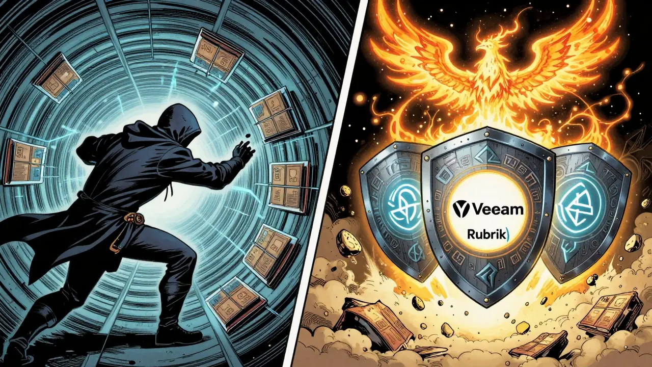 A hacker tries to delete backups while they are shielded by multi-cloud air-gapped barriers, with a quantum-resistant phoenix rising above as a symbol of protection.