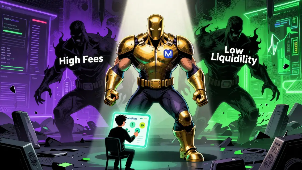 A heroic wallet battles 'High Fees' and 'Low Liquidity' monsters while a trader uses CronaSwap interface.