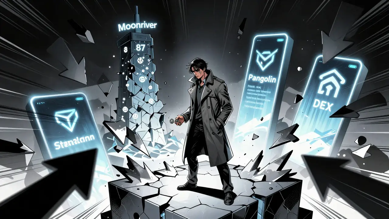 A lone hero named FreeRiver struggling against slippage arrows on a fading blockchain, while better DEXs shine in the distance.