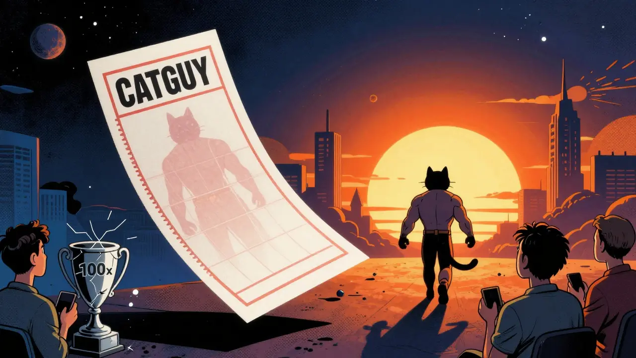 A lone lottery ticket floats away as Roscoe the cat walks off into the sunset.