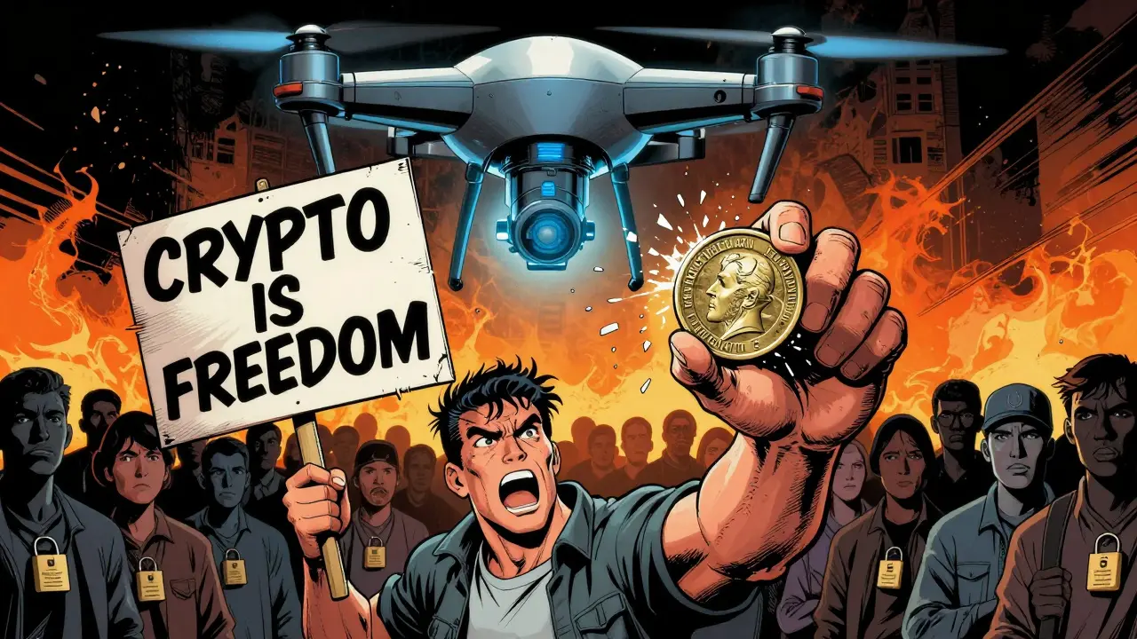 A protester holds a 'Crypto Is Freedom' sign as a surveillance drone scans the crowd, in bold comic style.