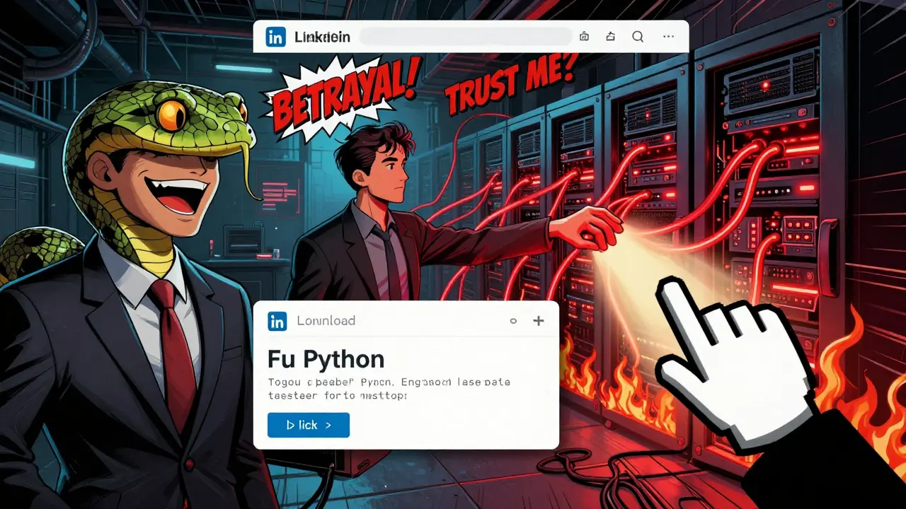 A recruiter's face turning into a serpent as an engineer downloads malware disguised as a job test.