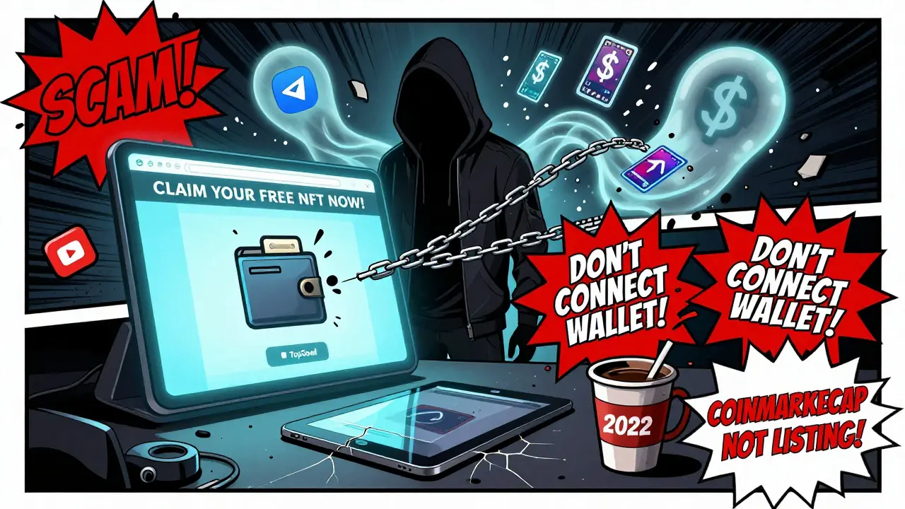 A scammer luring someone with a fake NFT claim site while real NFTs decay nearby.