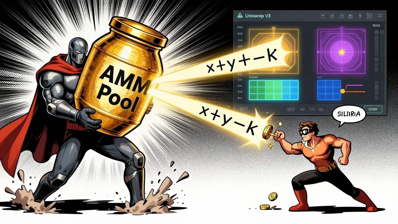 A superhero holding a liquidity pool jar, firing math equations at slippage and gas fee villains with Uniswap v3 zones glowing in the background.