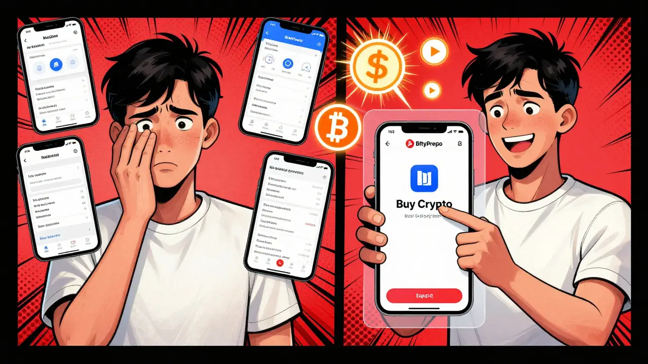 A user smiling as they buy crypto through their Nubank app, with BityPreço routing the transaction in a comic-style split panel.