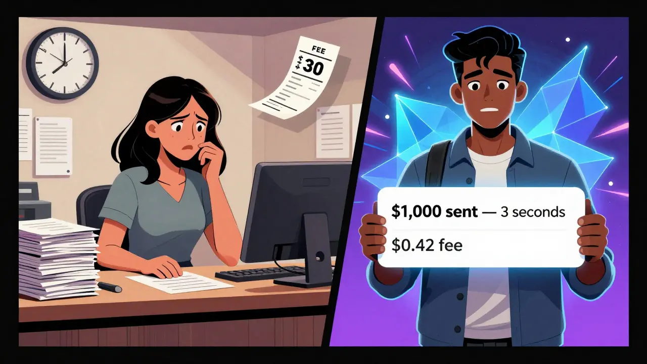 A woman in Chicago waits days for a wire transfer while a man in Nairobi sends money in seconds with minimal fees.