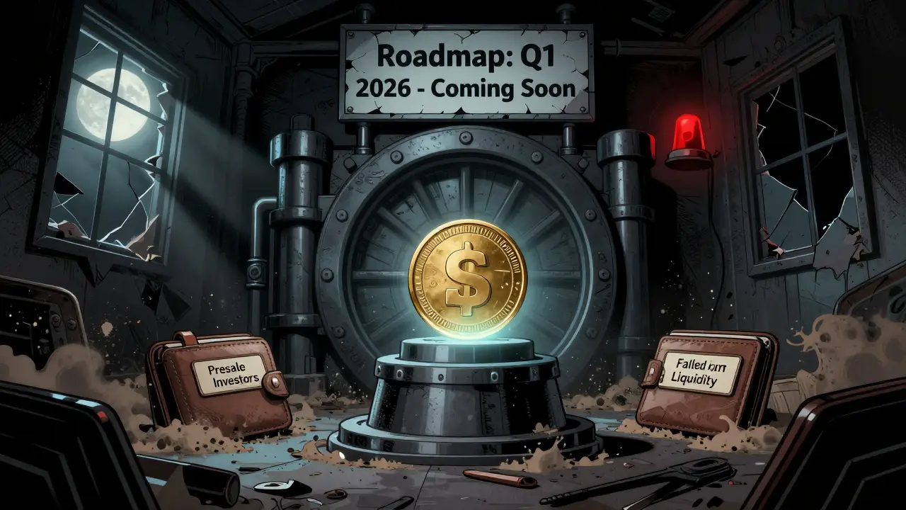 An abandoned vault with a lone SAKAI token surrounded by forgotten wallets and a broken roadmap sign.