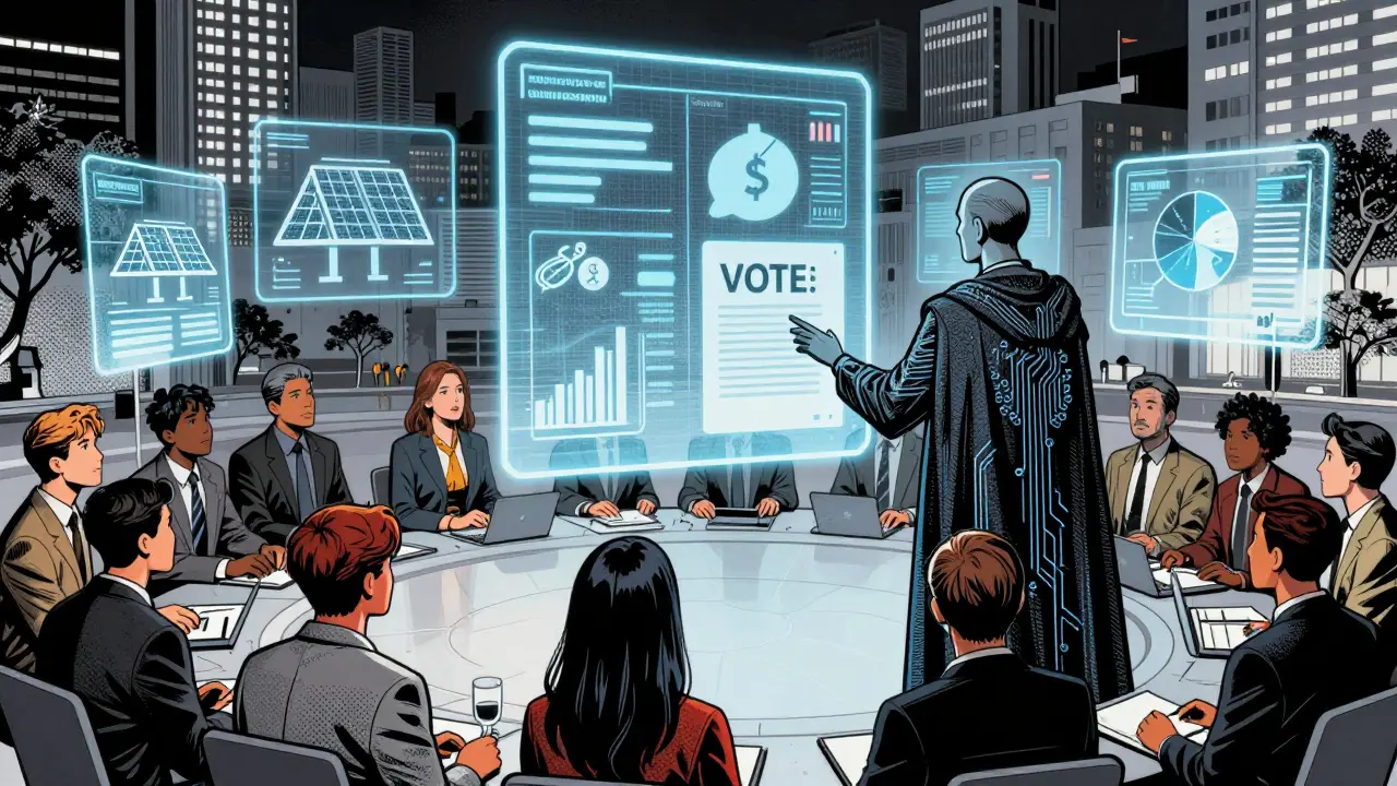 An AI avatar presents governance proposals to users in a digital town square surrounded by asset icons.