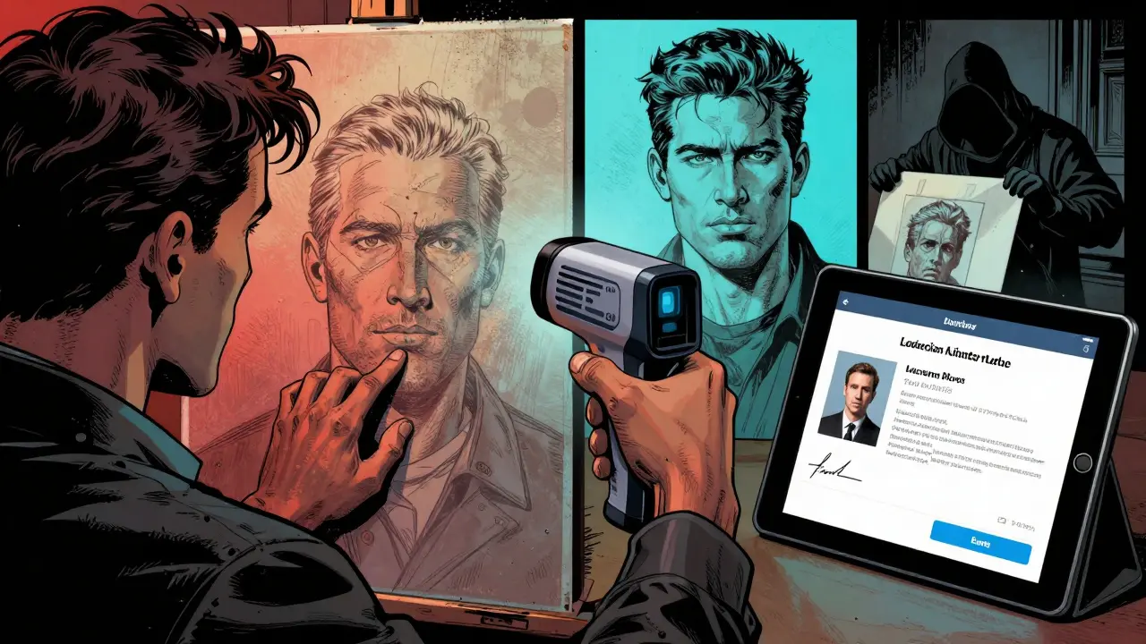 Art expert uses infrared scanner beside blockchain verification screen, forger fleeing in shadow.