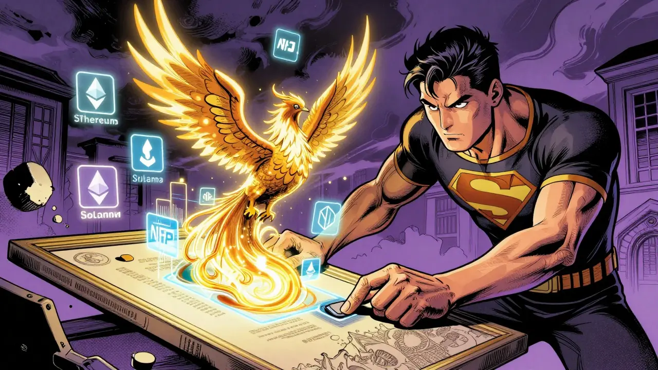 Artist embedding NFC chip into artwork as digital NFT certificate rises like a phoenix.