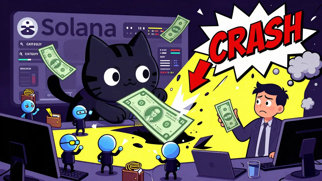 Chaotic crypto trading scene with crashing CATGUY prices and bots in comic book art.