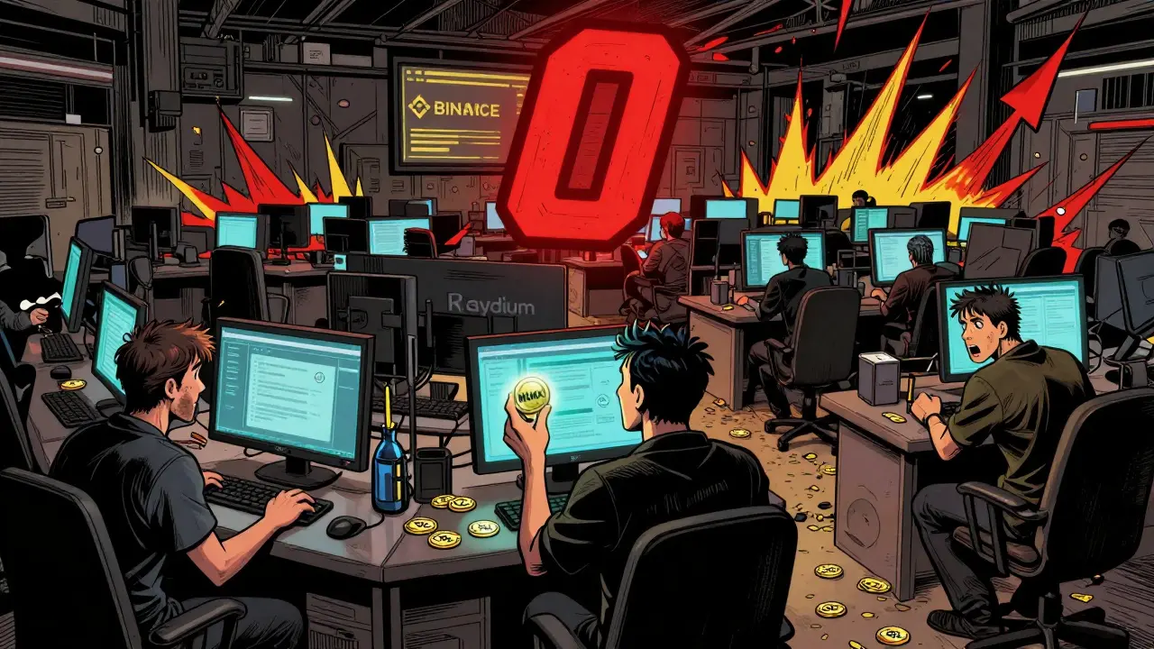 Chaotic Solana exchange floor with only three traders and one glowing MLMX token amid empty terminals.