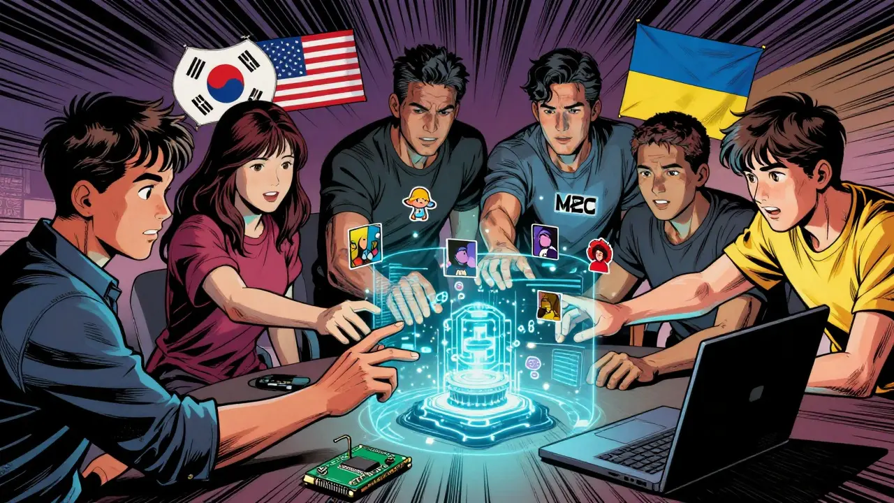 Developers building a Layer-2 system on a holographic MBC blockchain, with mining devices glowing nearby.