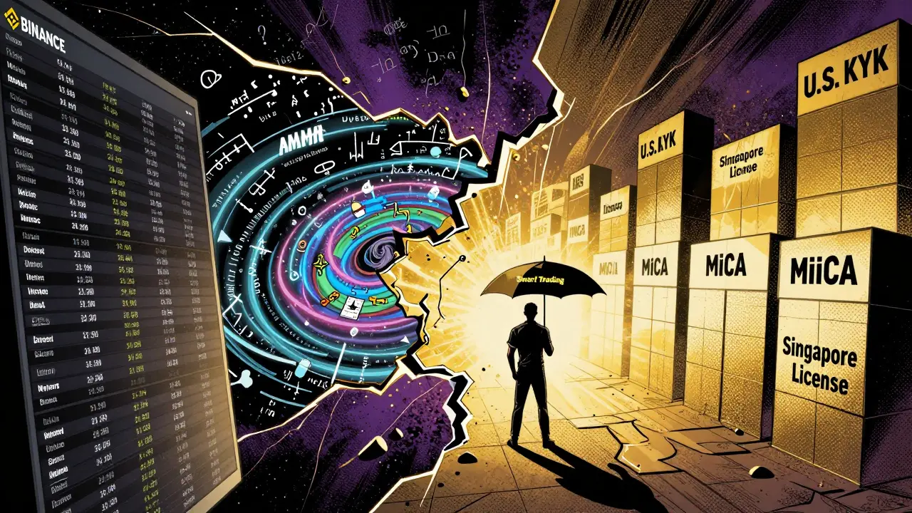 Fractured crypto market dimensions with order books, AMM pools, and regulatory walls, held together by an umbrella labeled 'Smart Trading'.