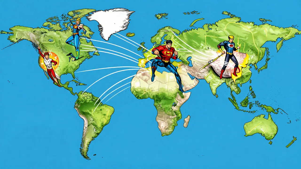 Global map with superheroes connecting Brazil and Japan for data sharing.