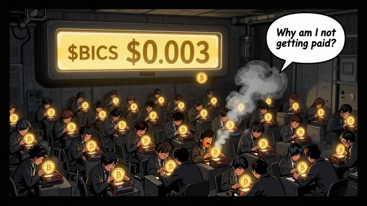 Hundreds of crypto holders in a bunker stare at tiny $BICS rewards while gas fees vanish in smoke, comic book style.