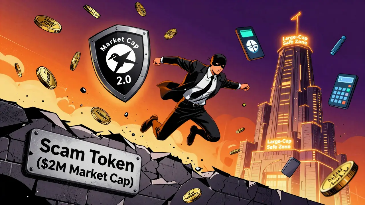 Investor dodging risky crypto coins while throwing a shield labeled 'Market Cap 2.0' toward a safe large-cap fortress.