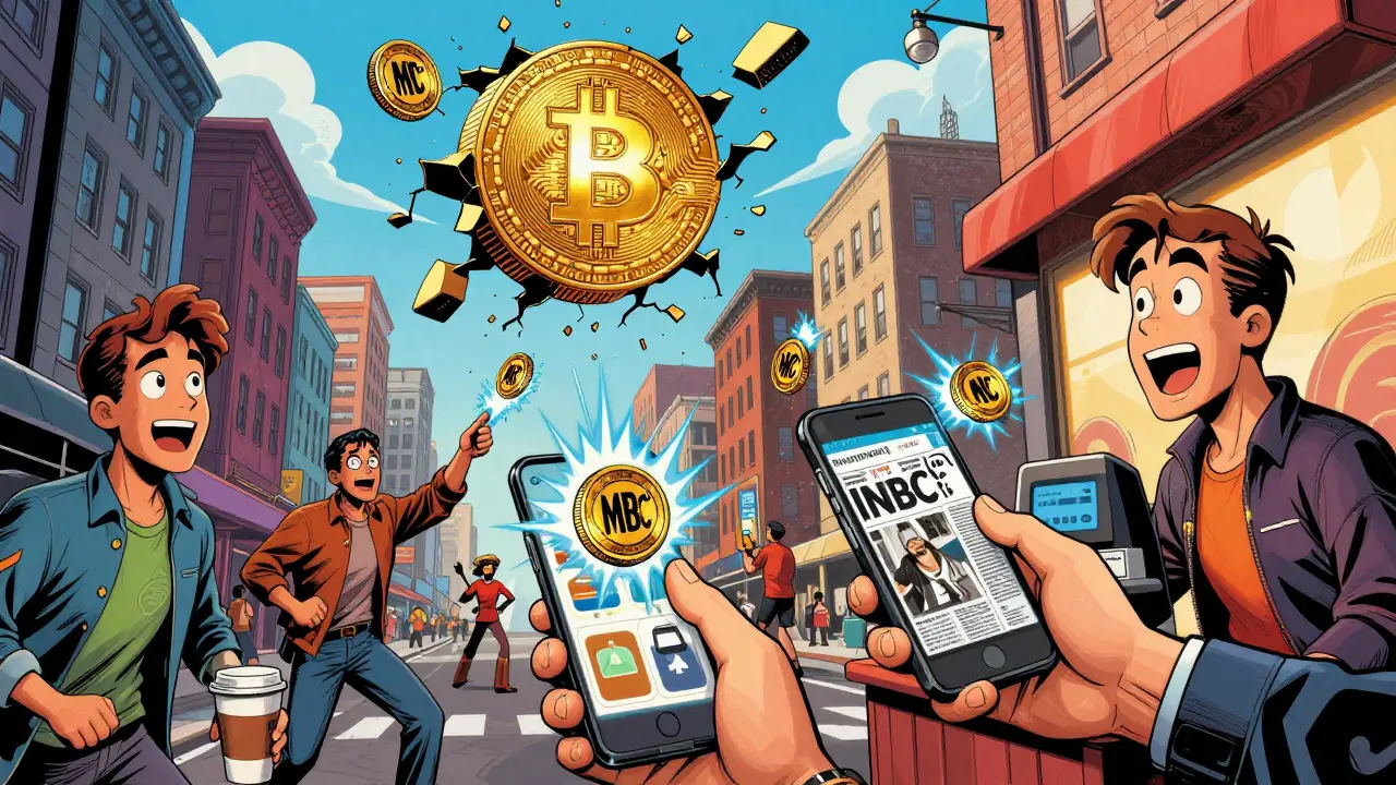 People in a city making instant micro-payments with floating MBC coins, while a Bitcoin statue crumbles above.