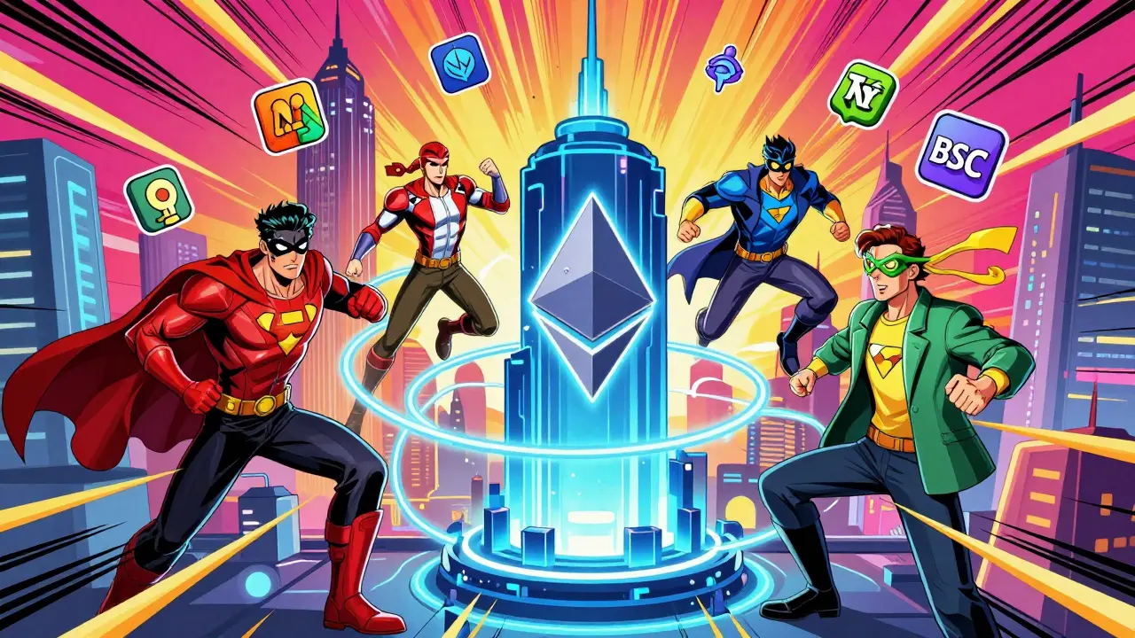Superhero team connecting blockchain towers in futuristic city comic art.