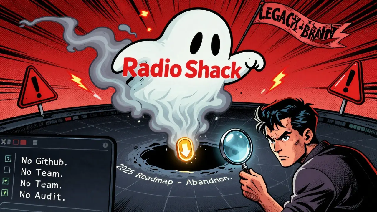 The RadioShack logo dissolving into smoke above a falling MOVR token, with a detective uncovering its lack of code or team.